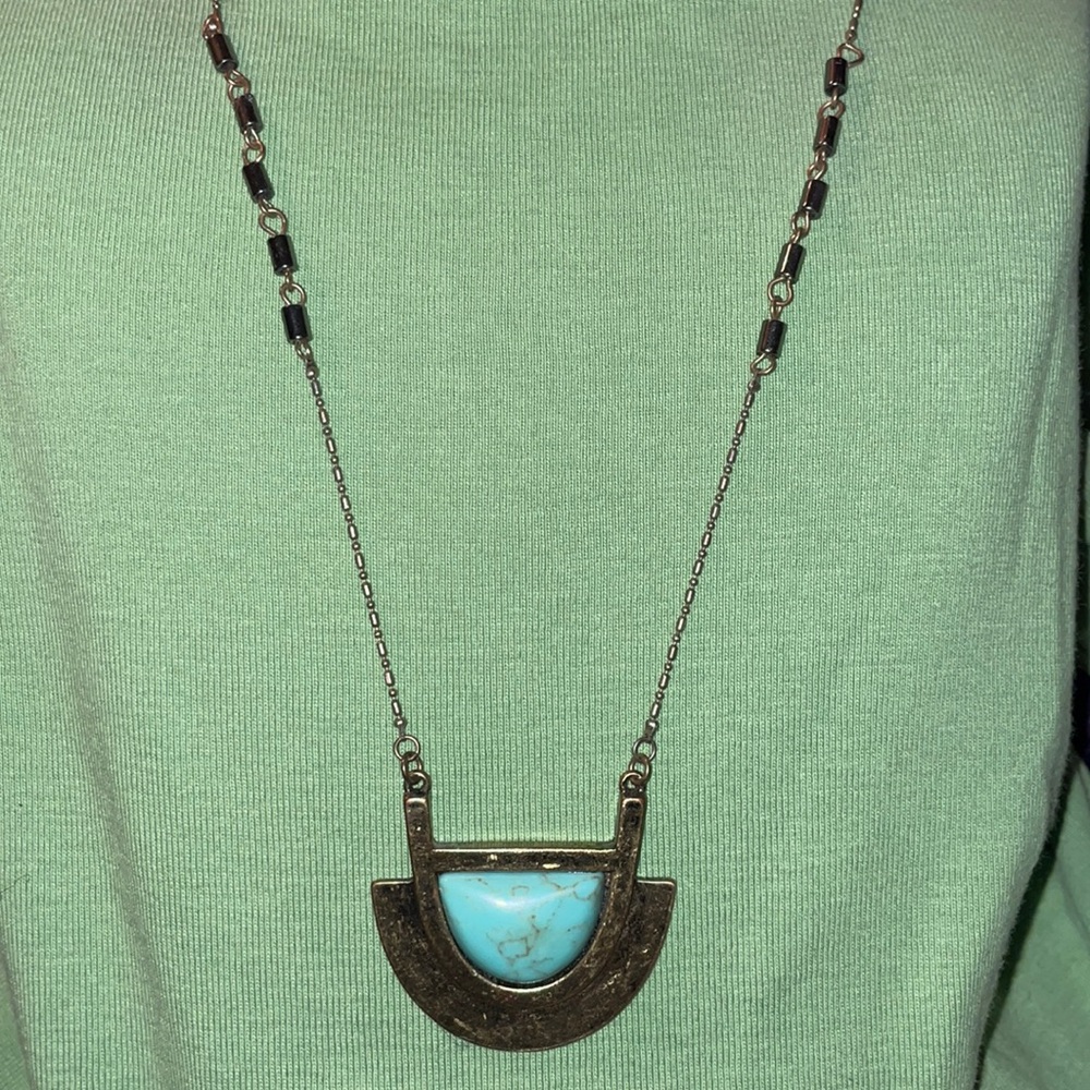 Vintage Egyptian Revival 1960’s Turquoise & Silver Necklace. 34” length.